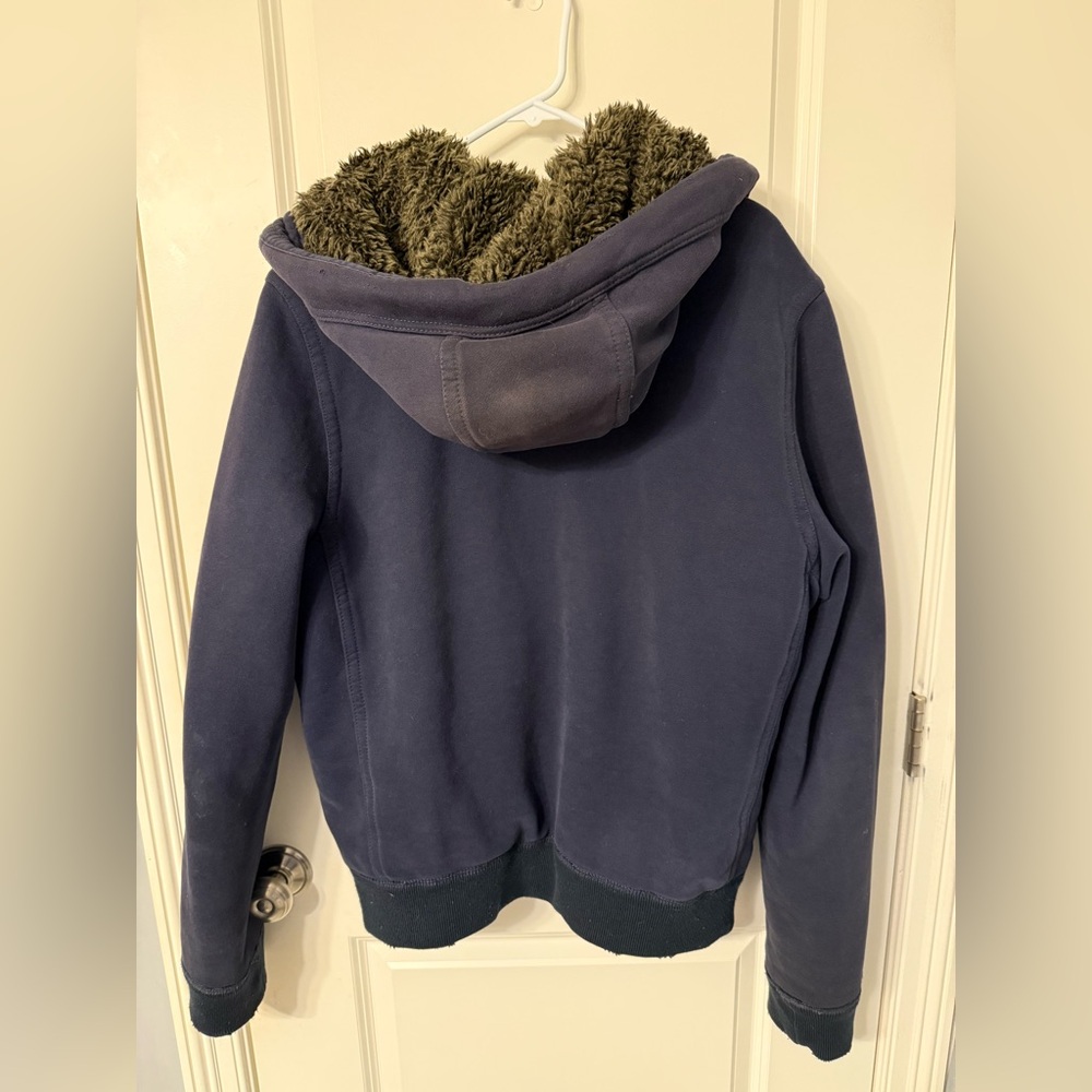 Vintage Abercrombie & Fitch 2000s Wolf Jaw Navy Faux Fur Lined Hooded Jacket XL - Picture 3 of 5